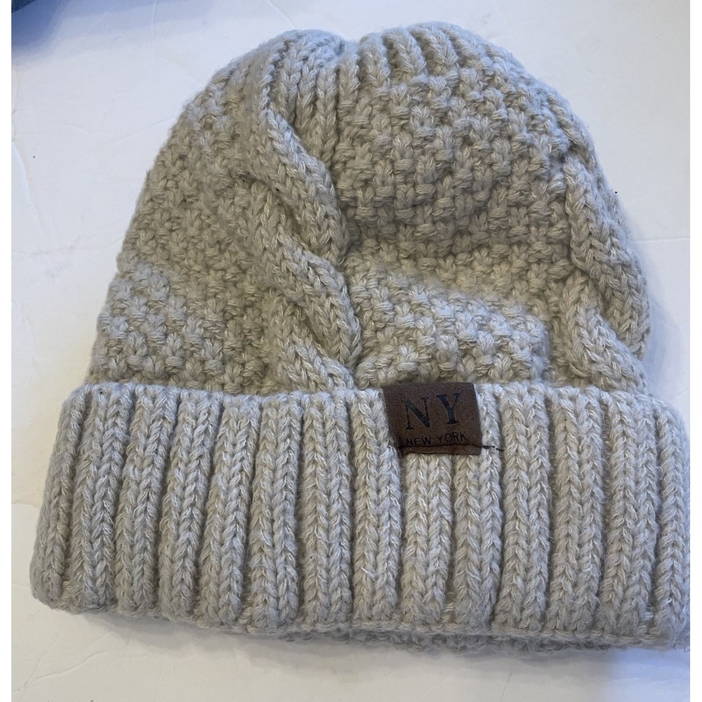 NY New York Cable Knit Beanie Gray Plush Fleece Lined Cuffed Winter Hat - Picture 2 of 6